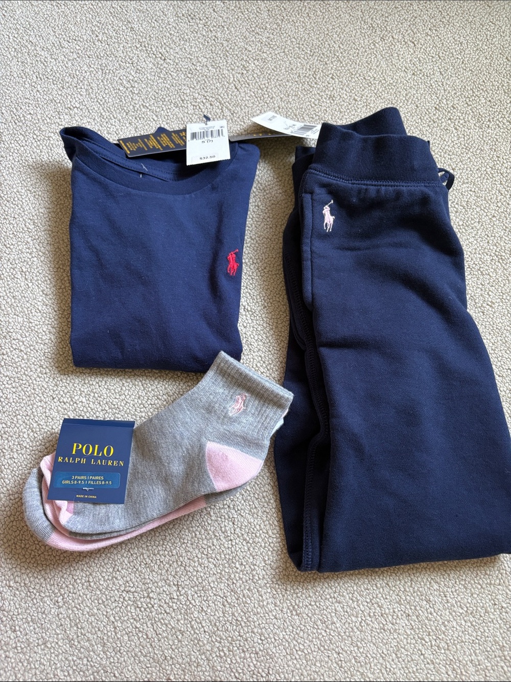 Polo by Ralph Lauren Navy Tee, Navy Joggers & Gray/Pink Ankle Socks Set